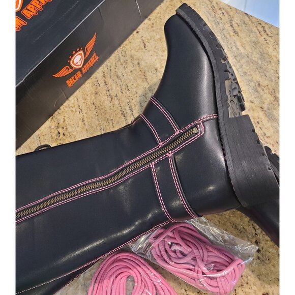 New? Women's Size 10 Motorcycle Boots Pink Black Lace up Zipper Dream Apparel® - Picture 5 of 12